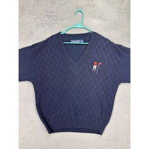 VINTAGE Scottish Isle Bernette Sweater Mens Large Blue Knit V-Neck Pullover Golf